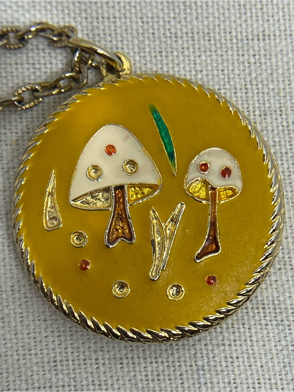 Vintage Enamel Mushroom Mirror Pendant Necklace Gold Tone Whimsical Cottagecore